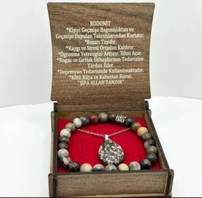 Toptan Ahşap Kutulu Yazılı Kolye Bileklik Doğal Taş Takı Seti