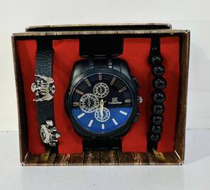 Toptan Kutulu Erkek 3'lü Metal Saat Kombin Set Takımı