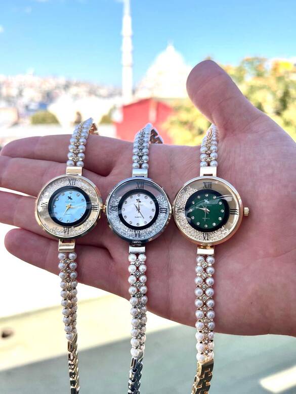 Toptan İnci Kordonlu Bayan Metal Lüx Saat 