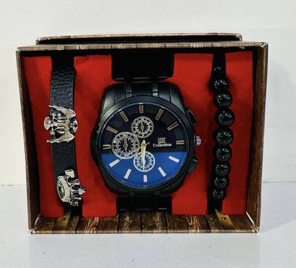 Toptan Kutulu Erkek 3'lü Metal Saat Kombin Set Takımı