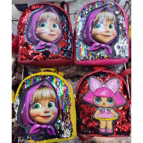 Toptan Maşa Figürlü Çocuk Işıklı Pullu Sırt Çantası